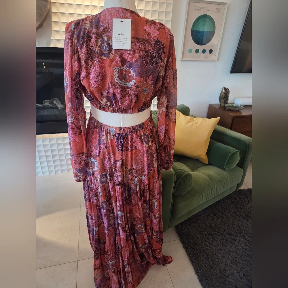 A.L.C. Isabelle Silk Floral Maxi Dress NWT, Long Sleeves, Cutout Midriff Size 12 - Picture 6 of 9